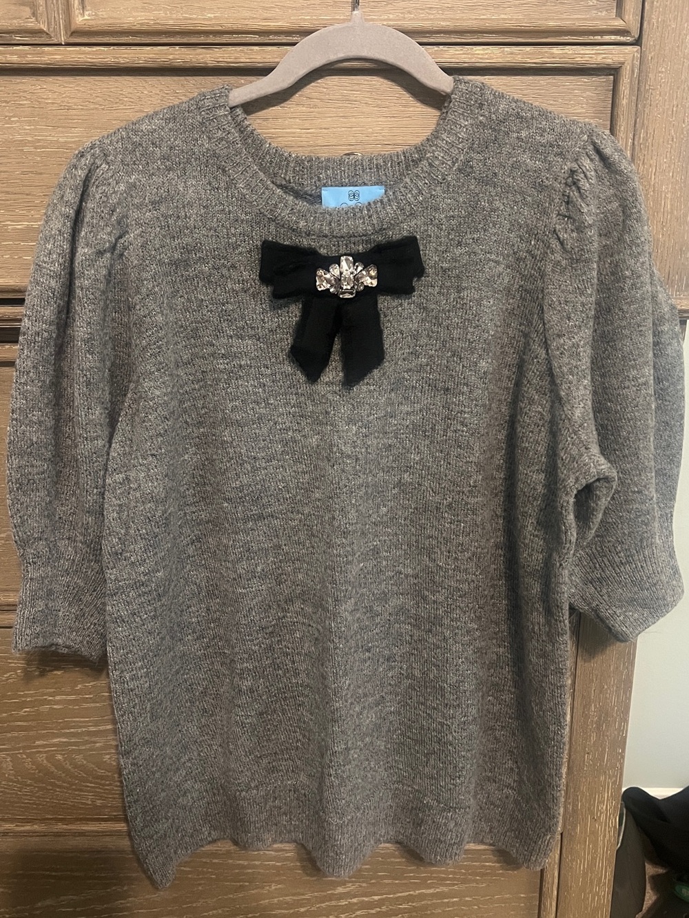 Gray Embellished Bow Pullover Sweater